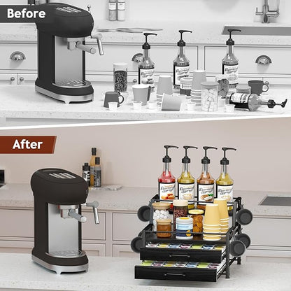 Homsorout Coffee Syrup Rack Organizer - 4-Tier 8 Syrup Wine Bottles Stand with 82 Storage Drawer for K Cups, Coffee Pod Holder for Countertop, Bar Station, Kitchen, Black
