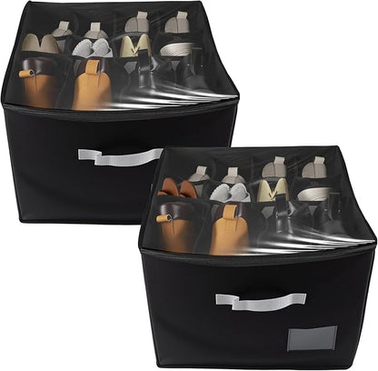 2 Pack Shoe Organizer for Closet，Foldable Shoe Storage Organizer with Clear Cover and Sturdy Handles,Fits 12-16 Pairs (black)