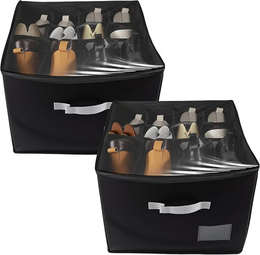 2 Pack Shoe Organizer for Closet，Foldable Shoe Storage Organizer with Clear Cover and Sturdy Handles,Fits 12-16 Pairs (black)