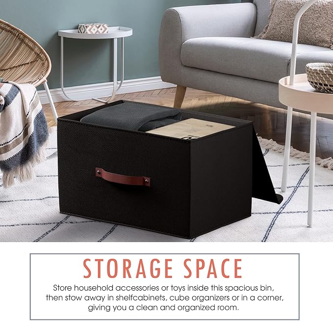 Ornavo Home 3 Pack Collapsible Storage Bins with Lid, Foldable Linen Fabric Shelf Storage Basket Closet Organizer and Large Storage Box for Clothes with Leather Handles, 15 x 10 x 9, Black