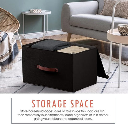 Ornavo Home 6 Pack Collapsible Storage Bins with Lid, Foldable Linen Fabric Shelf Storage Basket Closet Organizer and Large Storage Box for Clothes with Leather Handles, 15 x 10 x 9, Black