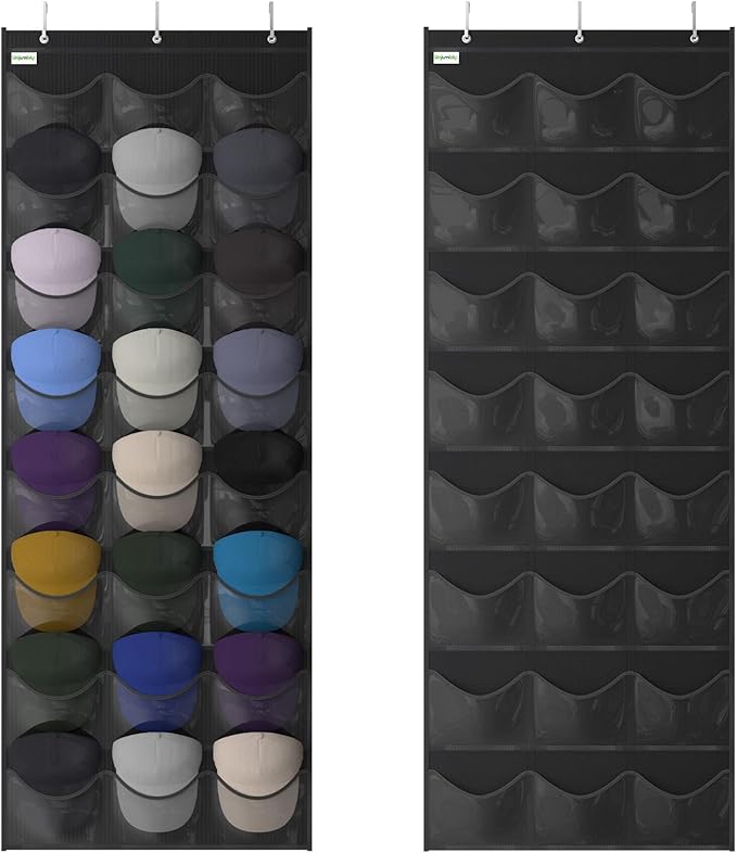 Baseball Hat Rack, 24 Pocket Over-The-Door Hat Organizer with Clear Deep Pockets to Display Baseball Caps Collection, Complete with 3 Over Door Hooks (Black, 24 Pockets)