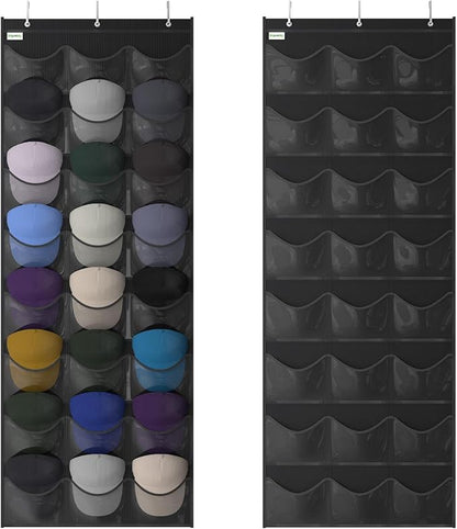 Baseball Hat Rack, 24 Pocket Over-The-Door Hat Organizer with Clear Deep Pockets to Display Baseball Caps Collection, Complete with 3 Over Door Hooks (Black, 24 Pockets)