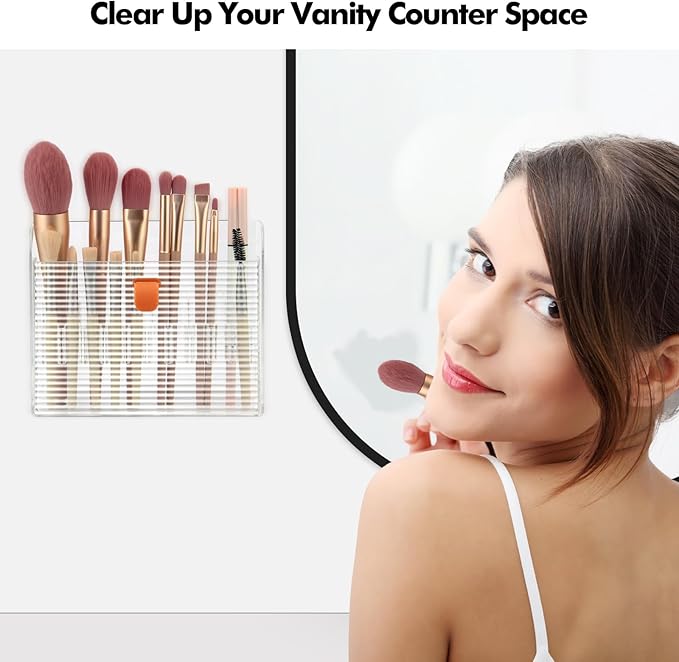 Poeland Wall-Mounted Makeup Brush Holder, Self-Adhesive Fip-Open Vanity Organizer for Bathroom Medicine Cabinet, Make Up Brush, Eyeliner, Lip Liner, Eyebrow Pen Storage