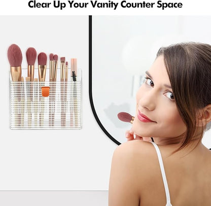 Poeland Wall-Mounted Makeup Brush Holder, Self-Adhesive Fip-Open Vanity Organizer for Bathroom Medicine Cabinet, Make Up Brush, Eyeliner, Lip Liner, Eyebrow Pen Storage