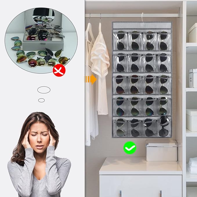 Hanging Sunglasses Organizer Wall Mounted Eyeglasses Holder with 20 Clear Slots (GREY)