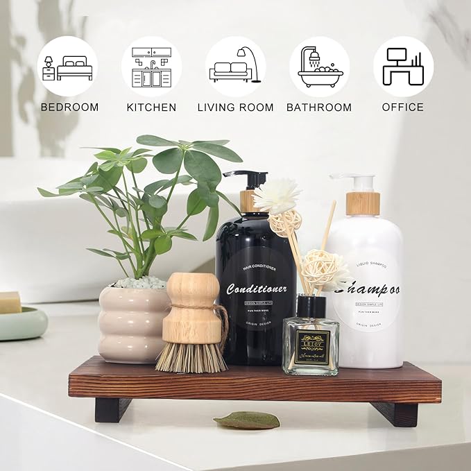Farmhouse Bathroom Vanity Tray Wood Pedestal Stand Kitchen Countertop Trays Decorative Wooden Risers Dish Soap Dispenser Holder for Kitchen Counter Decor Modern Bathroom Sink Organizer Accessories