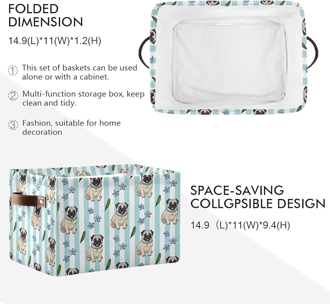 Large Storage Basket Bin Cute Cartoon Pugs Storage Cube Box Foldable Canvas Fabric Collapsible Organizer with Handles for Home Office Closet