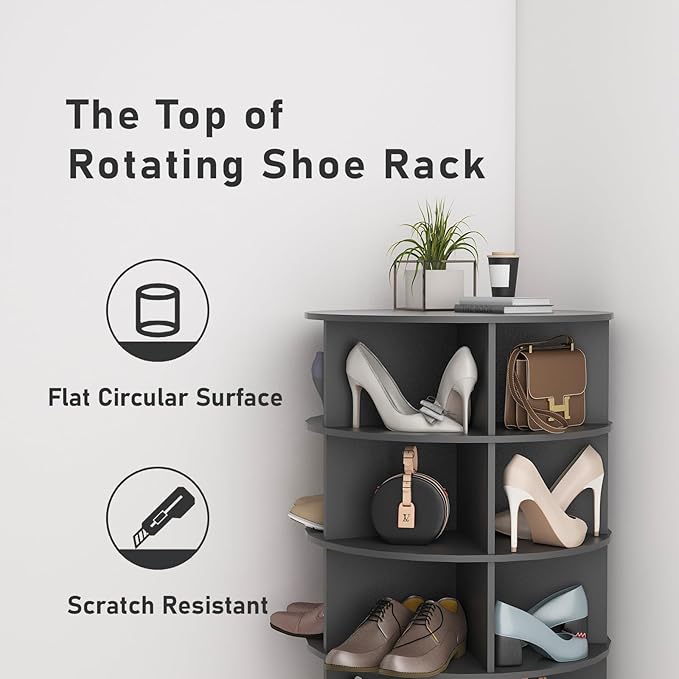 HomVent Rotating Shoe Rack, Wooden 7-Tier Spinning Shoe Rack Tower, Free Standing 360° Revolving Shoe Organizer Shoe Storage Shelf Can Hold Over 28 Pairs Shoes for Entryway Living Room (7-Tier, Gray1)
