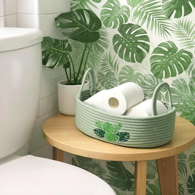 Vesici Palm Leaves Toilet Paper Basket Boho Woven Cotton Rope Bathroom Countertop Organizer with Handle Green Summer Tropical Monstera Bathroom Storage Decor for Bedroom Nursery, 13 x 6 x 4 Inch