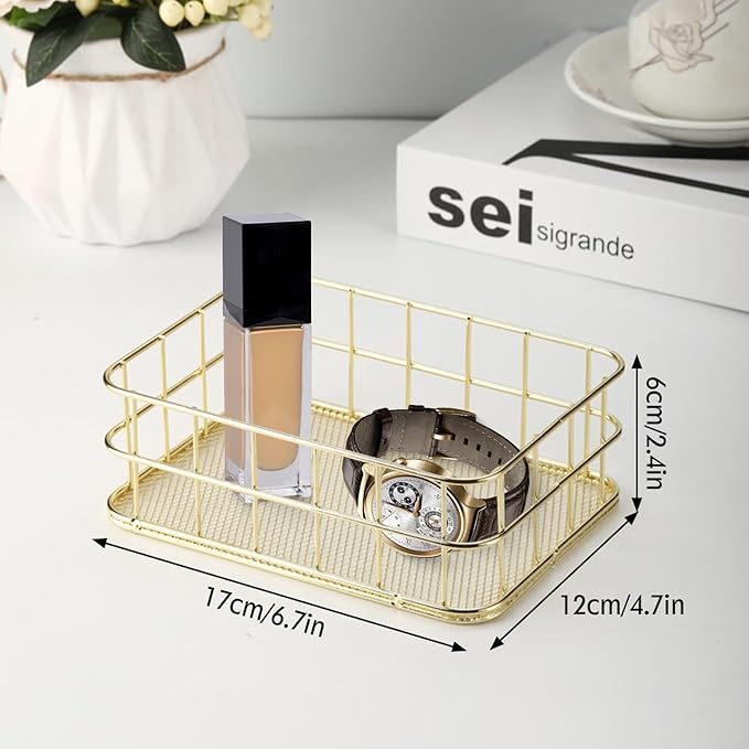Wire Mesh Basket, 6.7 x 4.7in Golden Desktop Metal Storage Baskets Iron Grid Storage Tray Net Basket Storage Bins for Home Cosmetic Stationery