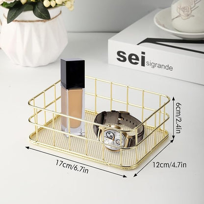 Wire Mesh Basket, 6.7 x 4.7in Golden Desktop Metal Storage Baskets Iron Grid Storage Tray Net Basket Storage Bins for Home Cosmetic Stationery