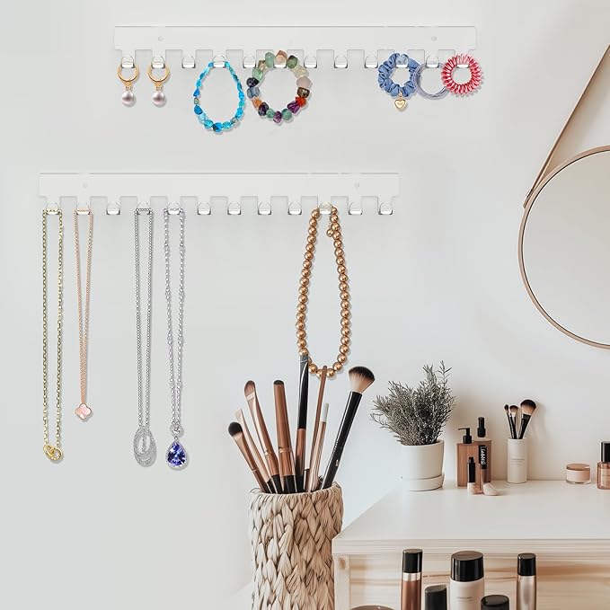 13.8 inch Acrylic Necklace Holder 2 Pack Wall Mounted Necklace Organizer Hanging Jewelry Organizer with 12 Hooks for Necklaces, Bracelets, Rings and Bangles Display