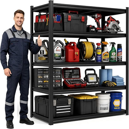 5-Shelf Heavy Duty Garage Shelving Unit, Metal Storage Shelves with Sides, 3000LBS, Adjustable Rack Organizer for Basement Closet Kitchen Pantry, Easy Assembly, Black, (72.3" H*47.2" W*23.6" D)