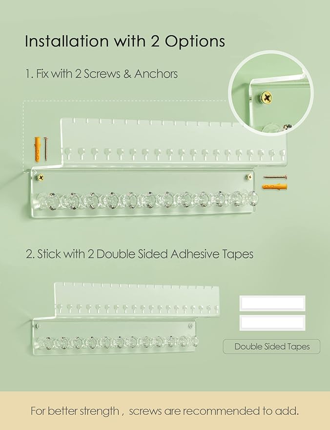 Acrylic Hanging Jewelry Organizer Wall Mounted Jewelry Holder with Floating Shelf, Necklace Holder Organizer and Stud Earring Organizer for Women Girls (2 Pack)