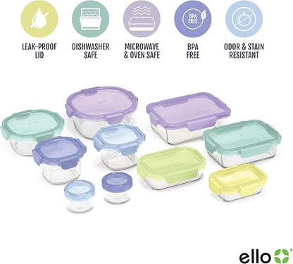 Ello Color Lock 20PC Mixed Glass Food Storage Sets, Leak-Proof Glass Food Storage Containers with Airtight BPA-Free Plastic Lids, Dishwasher, Microwave, and Freezer Safe, Purple Rain