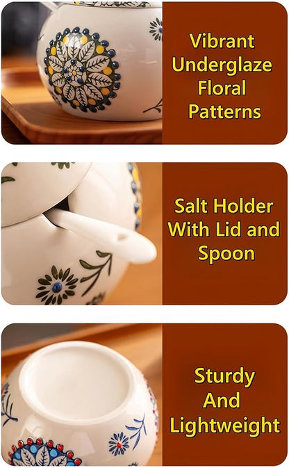 Ceramic Salt Cellar with Lid and Spoon, 13 OZ Large Chicken Salt Jar, Salt Holder for Counter, Coffee, Sugar, Spices and Candies, Salt Containers for Countertop (Blue)