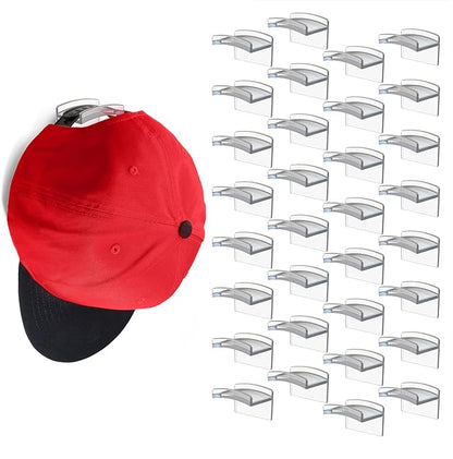 Modern JP Adhesive Hat Hooks for Wall (32-Pack) - Minimalist Hat Rack Design, No Drilling, Strong Hold Hat Hangers - USA Patented, Clear