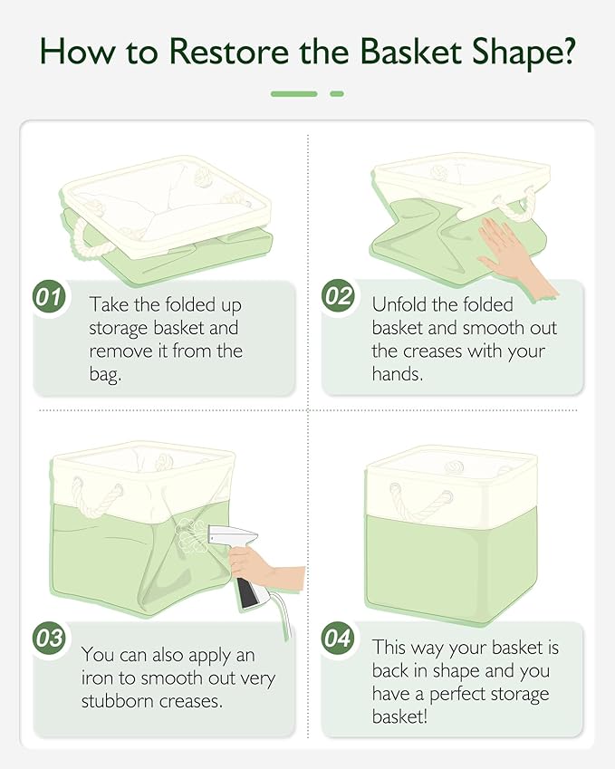 Patvingot 11 Inch Cube Storage Bins, 6 Pack Fabric Storage Cubes with Rope Handles, Organizer Baskets for Closet Shelves, Clothes and Home Organization(White/Green)