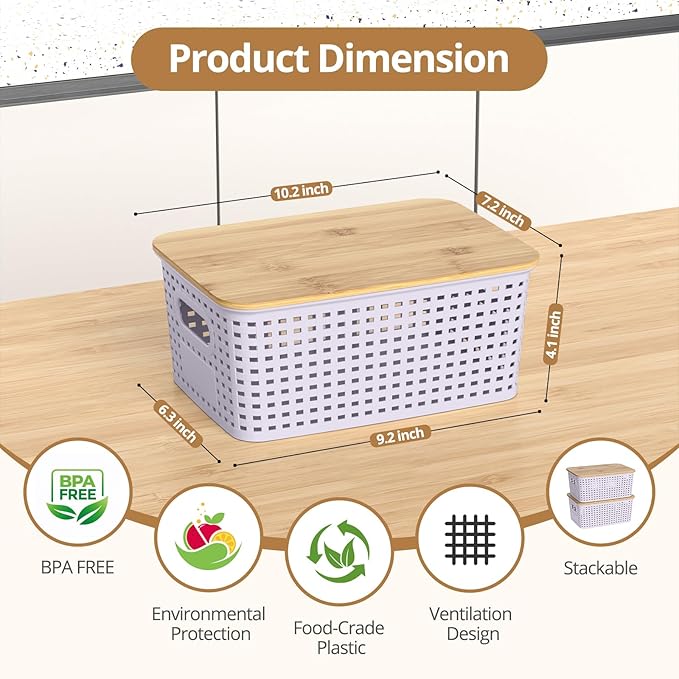 Plastic Storage Baskets with Bamboo Lids, Stackable Small Box Bins for Organizing and Containers for Shelves Drawers Desktop Closet Pantry Classroom Office Home, 6 Pack 10.2"x7.2"x4.1" Lavender