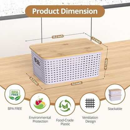 Plastic Storage Baskets with Bamboo Lids, Stackable Small Box Bins for Organizing and Containers for Shelves Drawers Desktop Closet Pantry Classroom Office Home, 6 Pack 10.2"x7.2"x4.1" Lavender