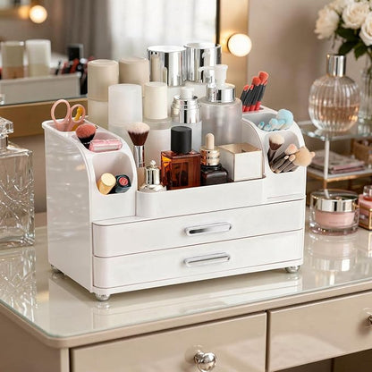 Large Makeup Organizer Countertop with Drawers, Make Up Organizer for Vanity, Makeup Storage Organizer Countertop Makeup Organizers for Skincare, All White