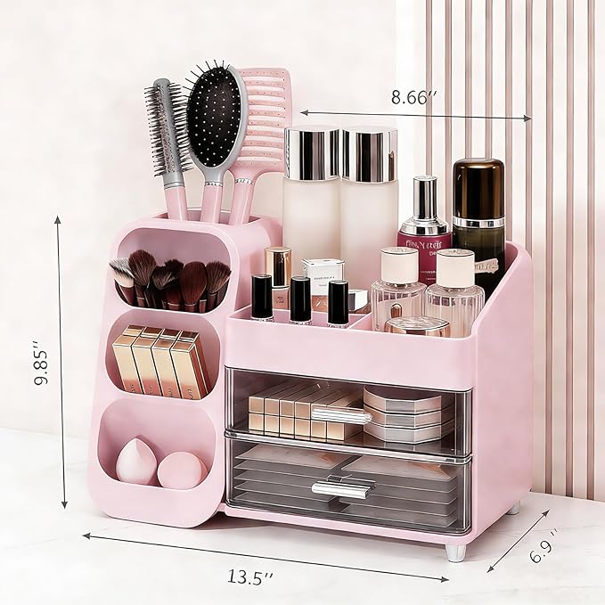 Makeup Organizer Countertop, Spacious Cosmetic Display Case with Makeup Brush Holder, Perfect Vanity Bathroom Organizer and Storage, Pink