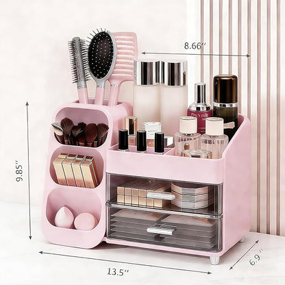 Makeup Organizer Countertop, Spacious Cosmetic Display Case with Makeup Brush Holder, Perfect Vanity Bathroom Organizer and Storage, Pink
