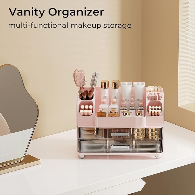 Makeup Organizer for Vanity with 2 Large Drawers, Cosmetic Display Case with Brush Holders, Easy to Storage for Bathroom Countertop Skincare, Perfume, Pink