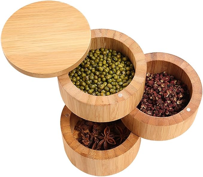 3-Tier Wooden Rotating Spice Storage Box with Swivel Lid, Triple-Layer Condiment Organizer for Kitchen Countertop Home Cooking, Salt Sugar Pepper Seasoning Jar, Easy to Clean Household Tool