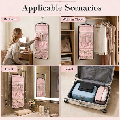 Jewelry Organizer with Hanger,Hanging Jewelry Organizer, Portable Travel Jewelry Bag,Foldable Storage for Earrings, Rings, and Watches; Can Be Hung on Wardrobes, Walls, or Doors, Black