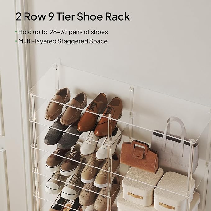 Aquiver 9 Tiers Acrylic Shoe Rack - Large Capacity Two Rows Shoe Organizer - Tall Boot Storage Shelf for Entryway, Closet, Garage, Bedroom, 28-32 Pairs, 36.2'' L x 11.8'' W x 59.6'' H