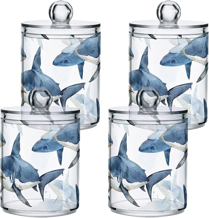 Fierce Sharks 4 Pack Plastic Storage Jar with Lid, Cotton Swabs Cans, Bathroom Canisters for Organizing Cotton Balls, Floss