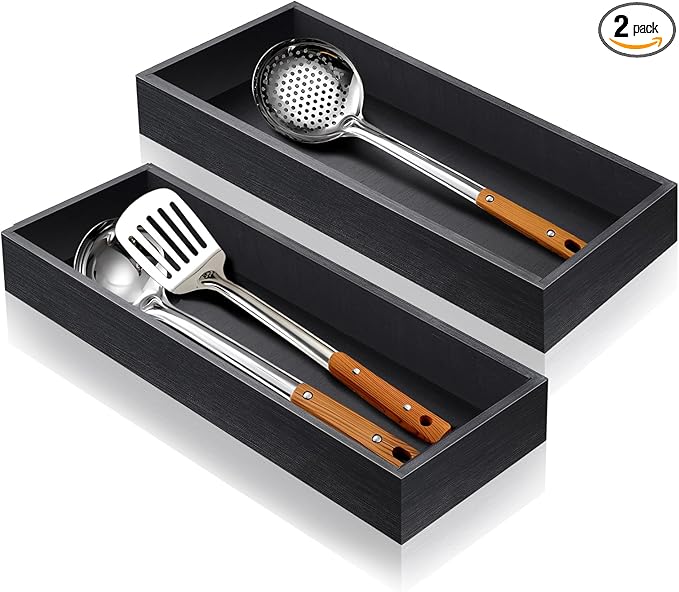 Bamboo Utensil Drawer Organizer, Stackable Silverware Organizer Tray Flatware Cutlery Storage Box for Kitchen Drawer - 17"x6"x2.5" (Set of 2)