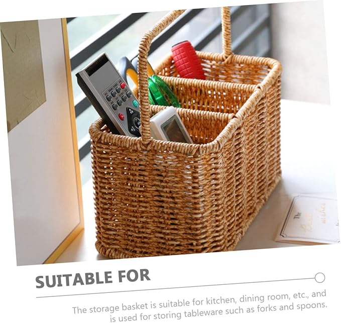 SOLUSTRE Woven Divided Cutlery Storage Basket 8.85X8.66X4.92 Inch Portable Silverware Organizer for Kitchen Countertop and Dining Room Utensil Caddy