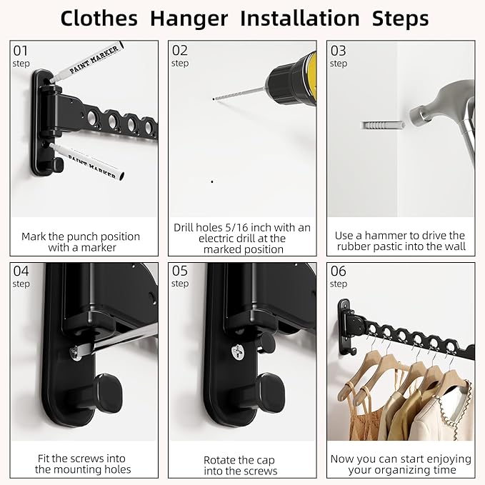 Wall Mounted Clothes Hanger Rack Folding Wall Mounted Clothes Hanger for Laundry (Black)