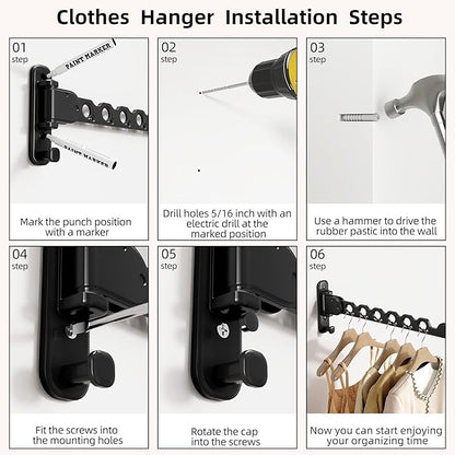 Wall Mounted Clothes Hanger Rack Folding Wall Mounted Clothes Hanger for Laundry (Black)