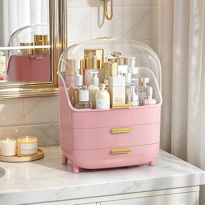 Vtopmart 3-Tier Skincare Makeup Organizer with Drawers and Lid for Vanity and Bathroom Countertop, Large Cosmetic Storage Box Case for Dresser, with Non-Slip Base, Pink