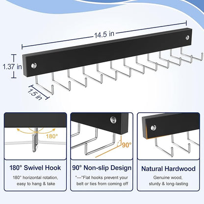 2 Pack Belt Hanger Wall Mount, Large Capacity Tie and Belt Organizer for Wall with 24 180°Rotating Non Slip Hooks, Heavy-Duty Wooden Tie Rack Space Saving Closet Organizers and Storage, Black