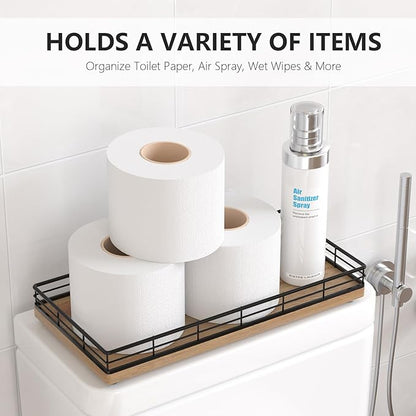 Toilet Paper Basket Organizer – Acacia Wood Toilet Tank Tray with Metal Frame, Bathroom Counter Top Storage for Toilet Paper, Wipes & Decor, Modern Narrow Back of Tank Shelf Organizer, Black & Acacia