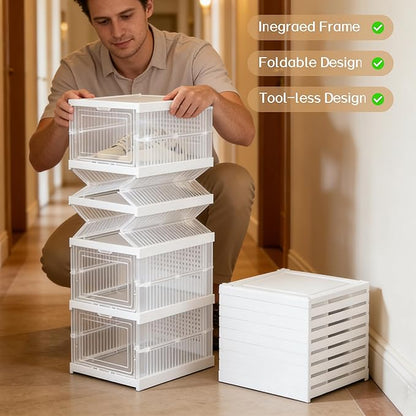 ZLLZUU Upgrade Clear Foldable Shoe Storage Organizer, No Assembly 6 Tiers Shoe Box with Fully Clear Door, Plastic Stackable Shoe Rack for Sneakers, Sturdy Shoe Storage Containers Bins