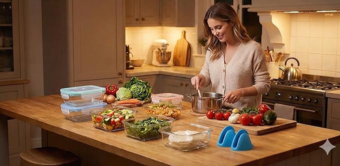 20 Pc Glass Food Storage Containers with Snap Lock Lids, Airtight & Leakproof, Bonus 2 Oven Silicone Gloves, Safe for Dishwasher, Oven, Microwave,Freezer, BPA Free