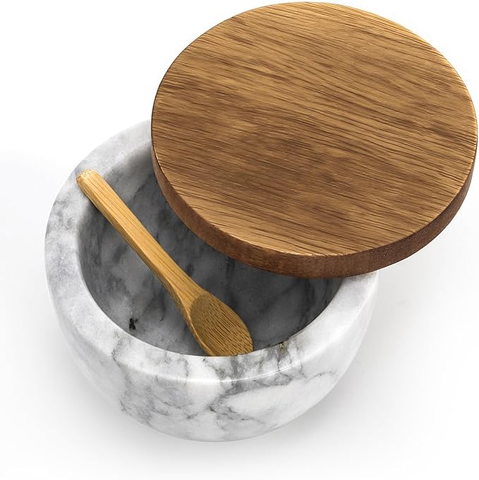 Nicunom Marble Salt Cellar with Acacia Wood Lid and Spoon, Elegant Handcrafted Salt Box Pepper Bowl Spice Jar Seasoning Keeper Salt Container for Kitchen Counter