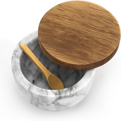 Nicunom Marble Salt Cellar with Acacia Wood Lid and Spoon, Elegant Handcrafted Salt Box Pepper Bowl Spice Jar Seasoning Keeper Salt Container for Kitchen Counter