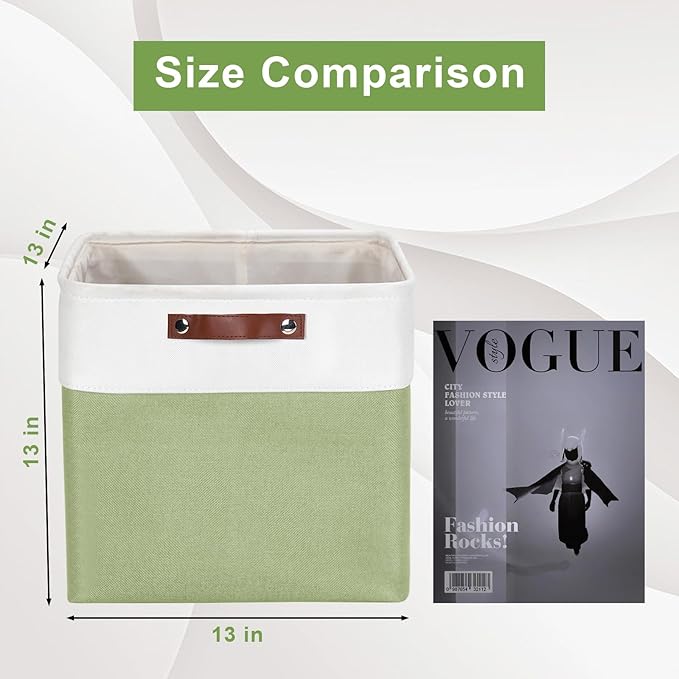 Bagnizer 13x13 Cube Storage Bins, Collapsible Fabric Storage Box, 4 Pack Closet Baskets with Handles for Organizing, Shelf, Toys, Clothes, Home, Office, Nursery (Green&White)