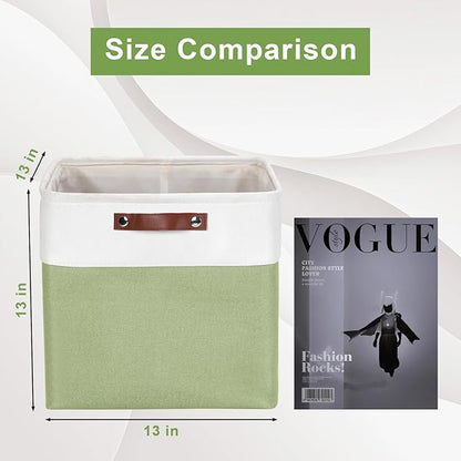 Bagnizer 13x13 Cube Storage Bins, Collapsible Fabric Storage Box, 4 Pack Closet Baskets with Handles for Organizing, Shelf, Toys, Clothes, Home, Office, Nursery (Green&White)