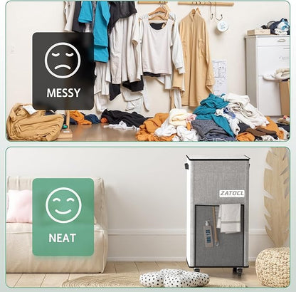 Laundry Hamper with Lid and Wheels, 29 Gal Rolling Laundry Basket with Washing Bag & Front Mesh Bag, Collapsible Dirty Clothes Hampers for Bedroom Aesthetic, Bathroom, Dorm, Laundry Room - Easy Carry