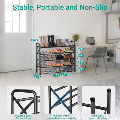YEASHEIN 4-Tier Expandable Shoe Rack for Closet Floor, X-Frame Metal Small Shoe Rack for Entryway, Adjustable Shoe Shelf Organizer, Free Standing Shoe Racks for Front Door Entrance, Garage - Black