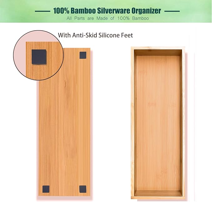 guiogc Bamboo Drawer Silverware Organizer, Flatware Organizers, Multi-purpose Bamboo Storage Box for Kitchen, Offices and Dressing table 11.5" x 3.15" x 1.8" (Set of 2)