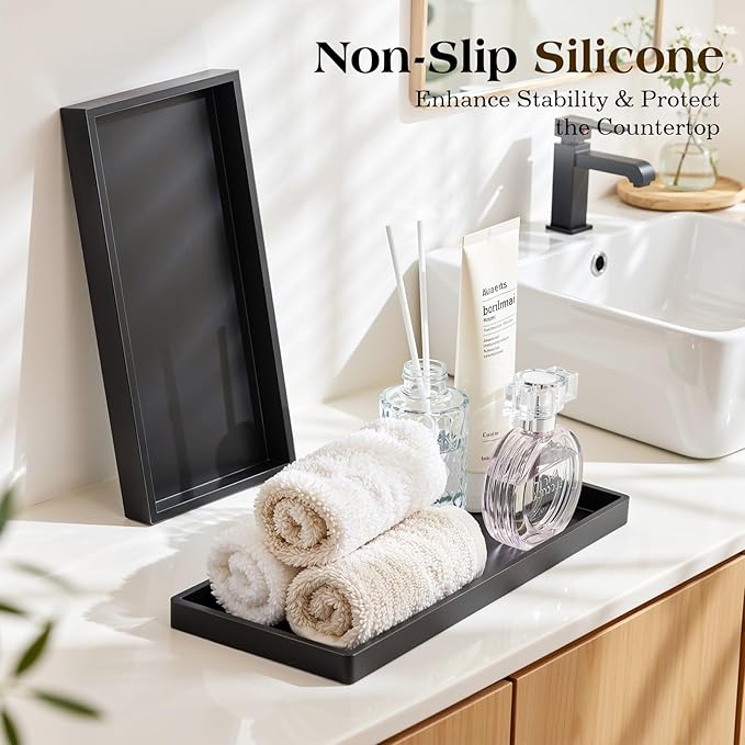 Luxspire Bathroom Vanity Tray, 11.8 x 5.1 Silicone Kitchen Counter Tray for Soap Dispenser, Bathroom Countertop Organizer for Perfume Soap Towel Bathroom Accessories, 2 Packs, Matte Black